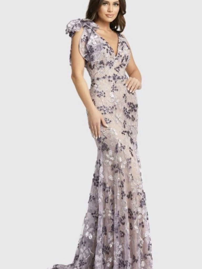 Mac Duggal Lilac Floral Sequin V-Neck Evening Gown Size 8 New